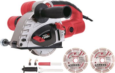 Fréza Worcraft EWC-1500, drážkovacia, do muriva, 1500W, 1x kľúč na výmenu kotúčov, 1x prídavná rukoväť, 1x sada uhlíkových kefiek, 1x dláto, 2x kotúč