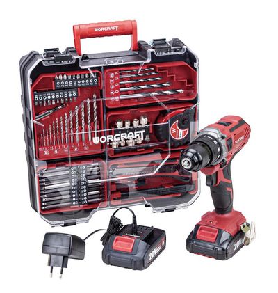 Csavarhúzó Worcraft CD-S20LiWT ShareSYS, 20V Li-ion, 2x akkumulátor 2.0 Ah, töltő, 74 db-os tartozék