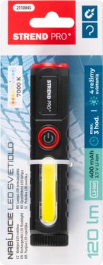 Zseblámpa Strend Pro Flashlight, COB LED 120 lm, 35x35x132mm, USB töltés, csomag 10 db