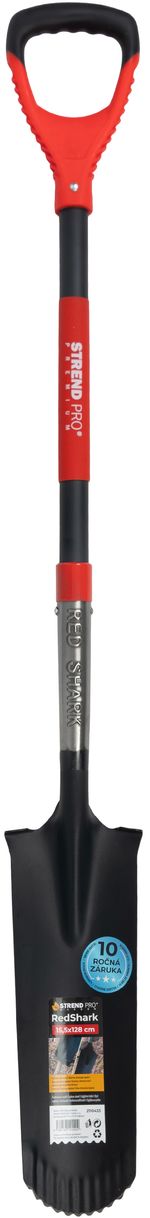 Ásó Strend Pro Premium RedShark, keskeny, drén, üvegszálas D-nyéllel 1280 mm, 10 év garancia