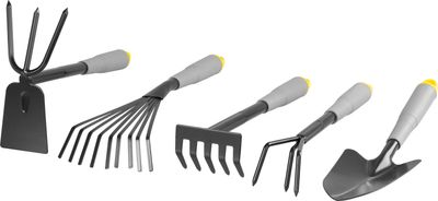 Set of garden tools for planting :
1x cultivator
1x wire cultivator
1x shovel
1x hoe
1x rake