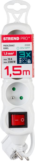 Kábel DG-F803BK, 1,5 m hosszúságú, hosszabbító, fehér, 3x aljzat + kapcsoló, new edition
