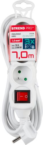 Cable DG-F803BK, L-7 m, extension, white, 3x socket + switch, new edition