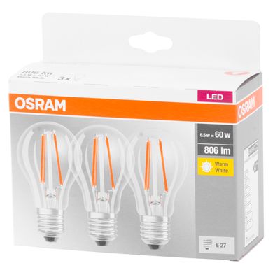 Égő OSRAM® LED FR 060 (ean9351) non-dim 7W/827 E27 2700K MULTIPACK csom. 3 db, Star CLASSIC A
