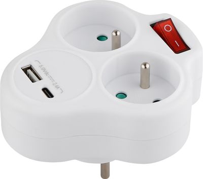 Zásuvka Strend Pro, rozbočovacia, rozdvojka, biela, 2x 16 A, USB A+C, vypínač