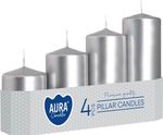 Candles AURA, graduated, cylinder, silver metallic, 50mm, 48/70/90/110/130mm, pack of 4