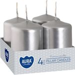 Gyertyák AURA, henger, ezüst metál, 40x60mm, 7h, 55g, cs. 4db