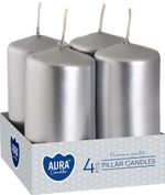 Candles AURA, cylinder, silver metallic, 40x80mm, 9h, 80g, pack. 4pcs