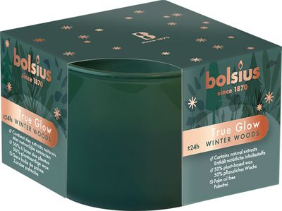Candle Bolsius True Glow, in glass, vegetable wax, scent of winter wood, 24 hours, 63x90 mm