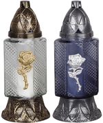 Grave Candle Grave, with rose, mixed colors blue/transparent glass, 28 h burn time, 80 g, 26 cm, for