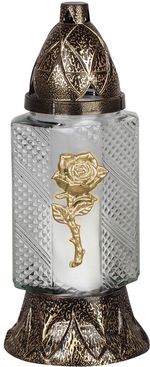 Grave Candle Grave, with rose, mixed colors blue/transparent glass, 28 h burn time, 80 g, 26 cm, for