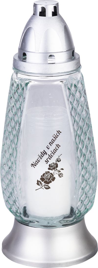 Candle Grave, transparent glass, with Slovak inscription, silver, 28h, 80 g, for grave, 11x28 cm