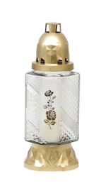 Grave Candle Cross, clear glass, 28 h burn time, 25.5 cm, gilded, for grave, mixed designs