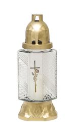 Grave Candle Cross, clear glass, 28 h burn time, 25.5 cm, gilded, for grave, mixed designs