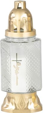 Grave Candle Cross, clear glass, 28 h burn time, 25.5 cm, gilded, for grave, mixed designs