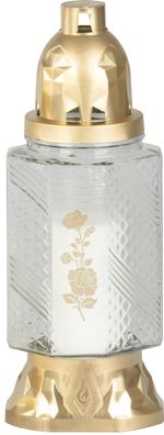 Grave Candle Cross, clear glass, 28 h burn time, 25.5 cm, gilded, for grave, mixed designs