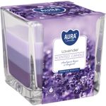 Gyertya AURA, üvegben, háromszínű, levendula, 32h, 170g