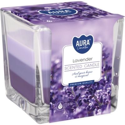 Sviečky AURA, v skle, trojfarebná, Levanduľa, 32h, 170g