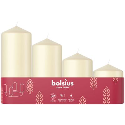 Sviečky Bolsius Pillar Advent, Vianoce, krémové, 60/80/100/120x48 mm, bal. 4 ks