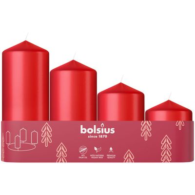 Sviečky Bolsius Pillar Advent, Vianoce, červené, 60/80/100/120x48 mm, bal. 4 ks
