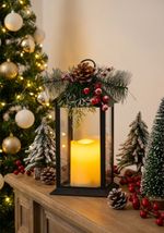 Lantern MagicHome Christmas, with branch, plastic, black, 1xLED yellow, 14x14x32.2 cm, 3xAAA, flicke