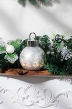 Gömb MagicHome Karácsony, üveg, ezüst, 10xLED meleg fehér, 12x12x18 cm, 2xAA