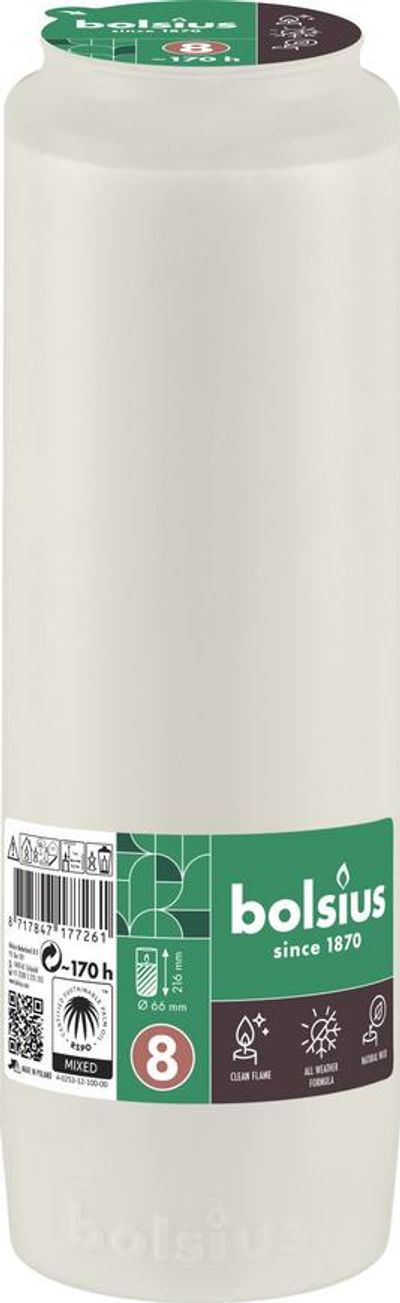 Náplň Bolsius, 170 h, 551 g, 66x216 mm, do kahanca, biela, olej