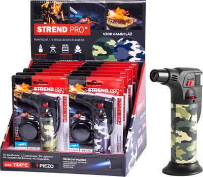 Zapaľovač Strend Pro Mini horák so stojanom, kamufláž, plniteľný, 75x45x120 mm, Sellbox 12 ks