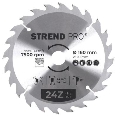 Tárcsa Strend Pro TCT, 160x2.2x20/16 mm, 24T, fához, fűrész, SK lapkák