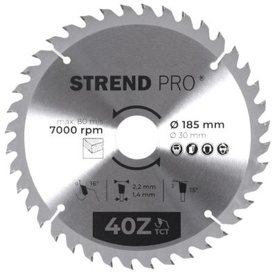 Tárcsa Strend Pro TCT, 185x2.2x30/20 mm, 40Z, fához, fűrész, SK lapkák