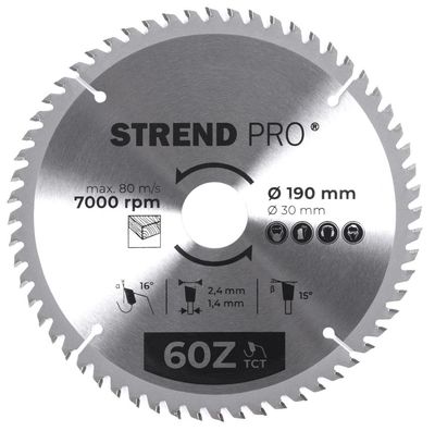Tárcsa Strend Pro TCT, 190x2.4x30/20 mm, 60T, fához, fűrész, SK lapkák