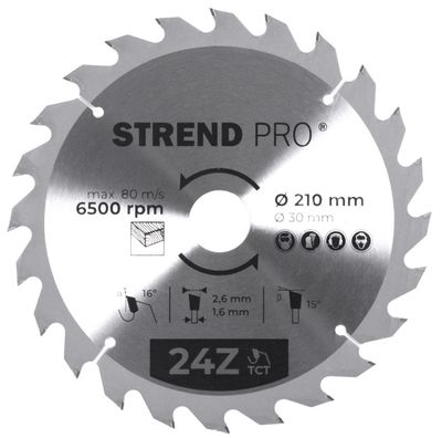 Tárcsa Strend Pro TCT, 210x2.6x30/20 mm, 24Z, fához, fűrész, SK lapkák
