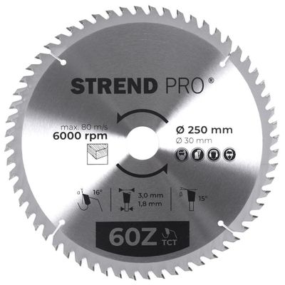 Tárcsa Strend Pro TCT, 250x3.0x30/20 mm, 60T, fához, fűrész, SK lapkák