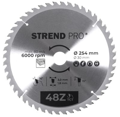 Tárcsa Strend Pro TCT, 254x3.0x30/20 mm, 48T, fához, fűrész, SK lapkák