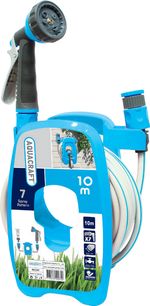 Tömlődob AQUACRAFT® 990490, készlet, 3/8"-os kerti tömlővel, 10 m, 7 mintás öntözőpisztollyal