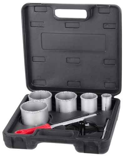 Holesaw set  5 pcs
33, 53, 67, 73, 83
 file, drill with rasp