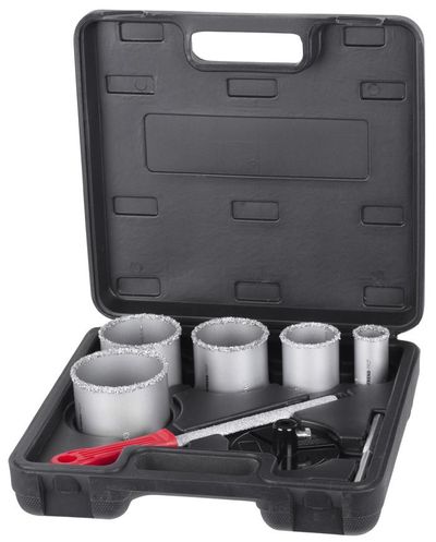 Hole Saw Set with Arbor HT01-6008, 33-53-67-73-83 mm, diamond core bits with file