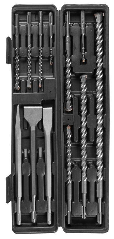 Drill set SDS+ 12pcs
 4x110, 6x110, 8x160, 12x160, 14x210, 16x210, 18x300
chisel pointed 14x250mm
ch