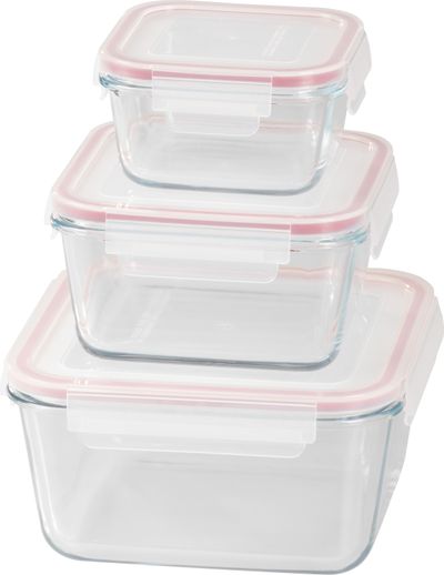 Edény MagicHome, 3 db-os szett, üveg, négyzet alakú, fedővel, 450/1000/1900 ml