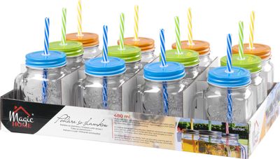Pohár MagicHome, üveg, szívószállal, színes fedővel, üveg, 480 ml, Sellbox 12 db