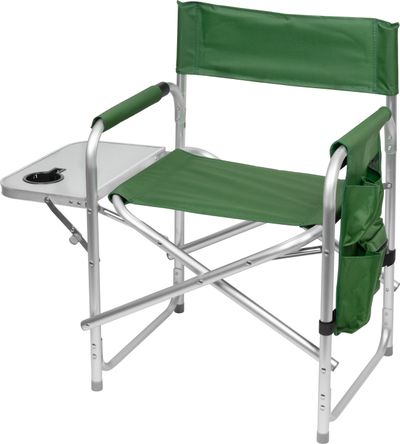 Chair LEQ DIREKTOR, green, folding, camping, with side folding table and drink holder, 55x45x78 cm