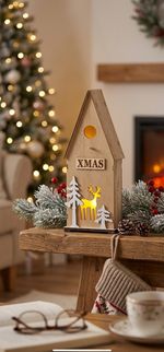 Dekorácia MagicHome Vianoce Woodeco, Vtáčia búdka, 3 LED, 12x7x32 cm