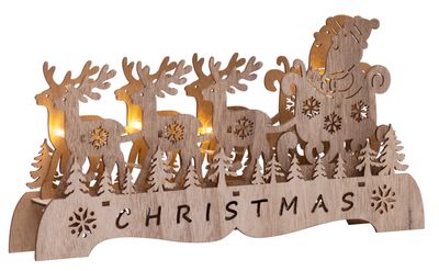 Dekorácia MagicHome Vianoce Woodeco, Santa na saniach, 4 LED, 29x15x4 cm