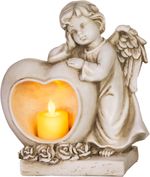Decoration MagicHome, Angel with heart and candle, LED, polyresin, for grave, 17x10x20 cm