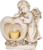 Decoration MagicHome, Angel with heart and candle, LED, polyresin, for grave, 17x10x20 cm