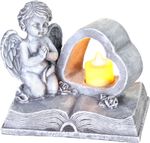 Decoration MagicHome, Angel on book with heart, LED, polyresin, for grave, 19x12.5x16.5 cm