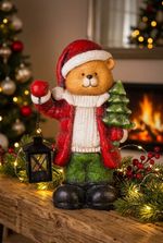 Decoration MagicHome Christmas, bear with tree and lantern, magnesia, 17.5x24x38 cm