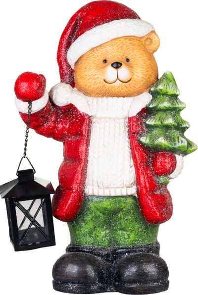 Decoration MagicHome Christmas, bear with tree and lantern, magnesia, 17.5x24x38 cm