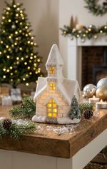 Decoration MagicHome Christmas, Church, 3 LED yellow, ceramic, 2xAAA, indoor, 17x11x27 cm