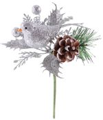 Ág MagicHome Karácsony, madárral, ezüst, 17 cm